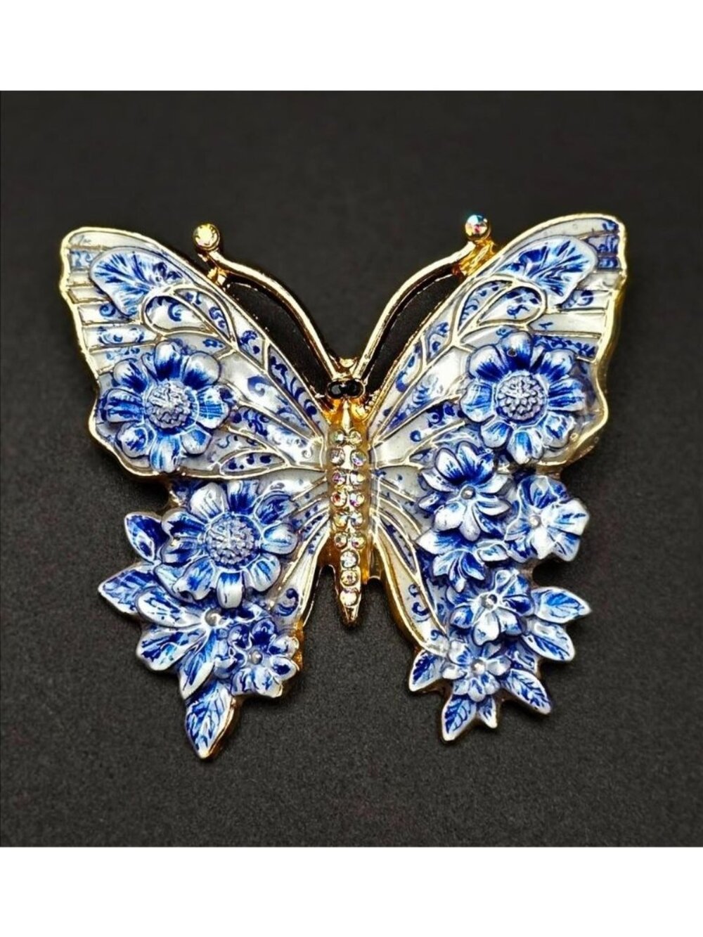 Flow Blue & White Floral Butterfly Brooch Pin With Gold-Tone Accents And Rhinest